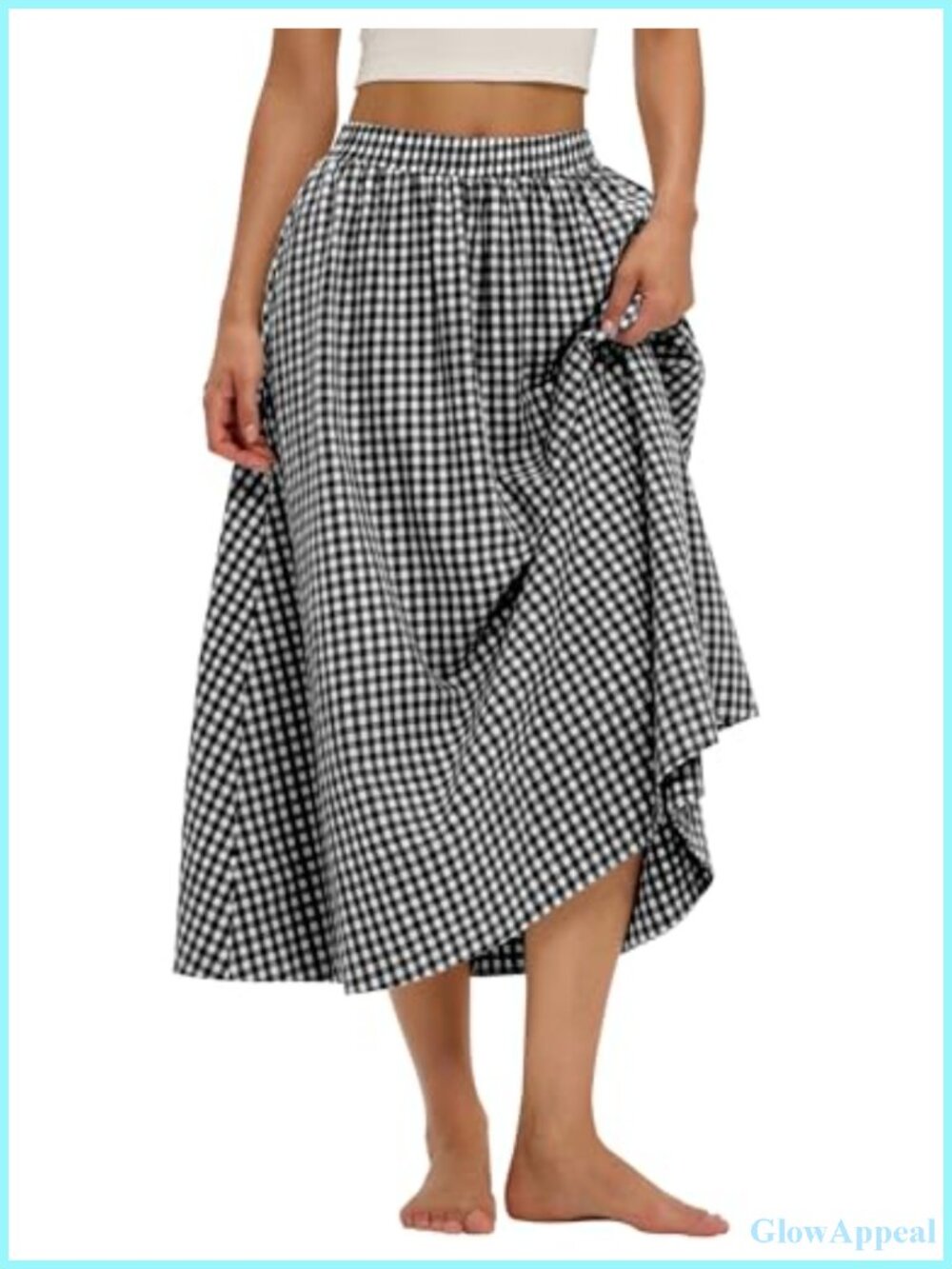 LOMON Midi Skirt A-Line Cotton Pull-On Elastic Waist Pockets